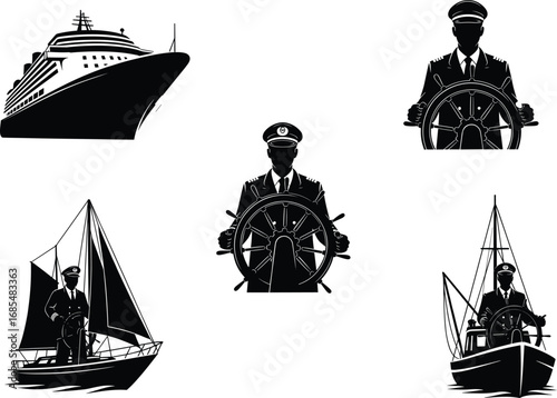 Ship captain vector, cruise liner illustration, sailor at helm, maritime transport, nautical profession, boat navigation, sea travel, cad drawing flat vector illustration