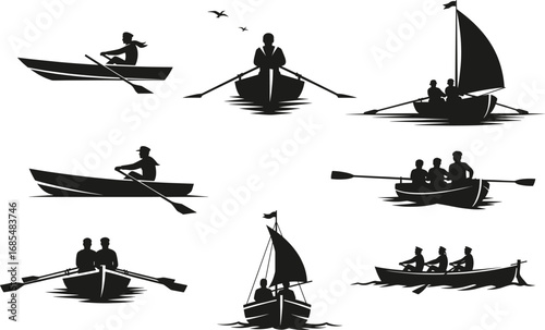 Silhouette rowing boat vector, people in boats, sailing and paddling, canoe and kayak, nautical sport, maritime transport, cad drawing flat vector illustration