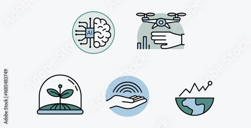 Illustration of Artificial Intelligence Drone Technology and Sustainable Growth Concepts Promoting Innovation and Future Development in a Clean and Modern Style