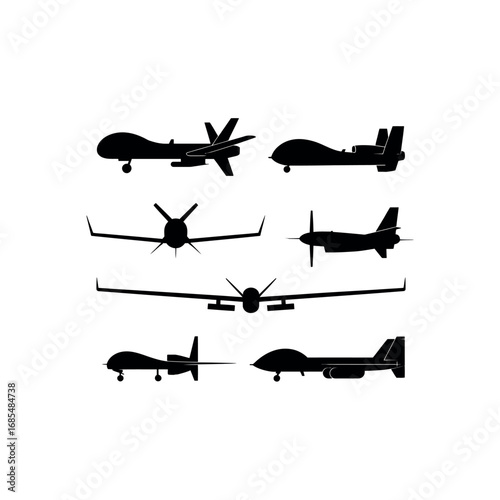 Black silhouette collection of various unmanned aerial vehicles drone aircraft