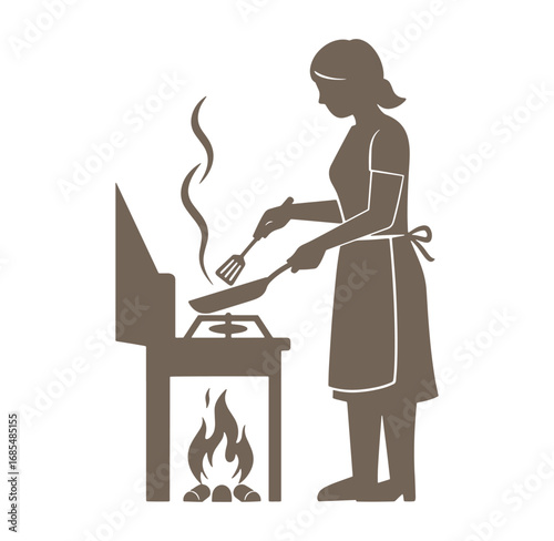 Silhouette of a woman cooking breakfast on a stove with fire and frying pan