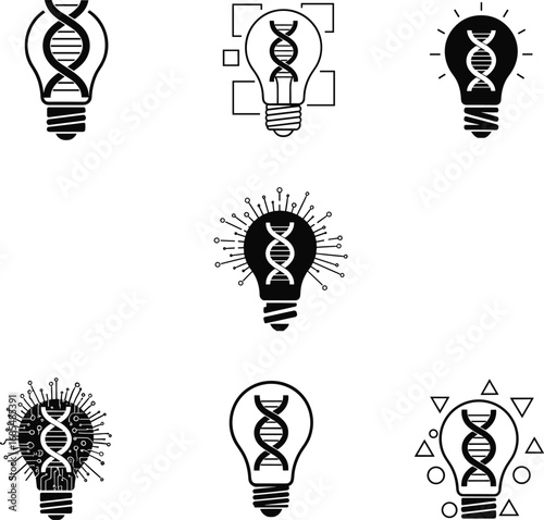 Light bulb DNA helix icon set, biotechnology innovation concept, genetic engineering idea, biotech creativity symbol, science technology vector illustration, futuristic design elements