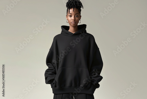 Sweat shirt hoodie mockup. Person standing, wearing hoodie. Blouse empty area for design. Fashion mockup, casual outfit, sweat shirt hoodie. Sweat shirt clear space for print design, mock up