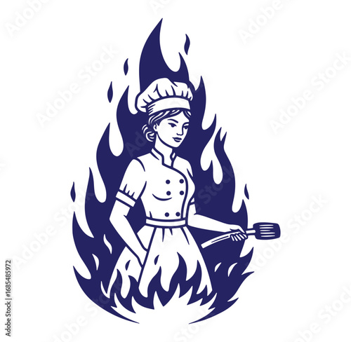 Stylish chef holding spatula surrounded by flames representing culinary passion and expertise