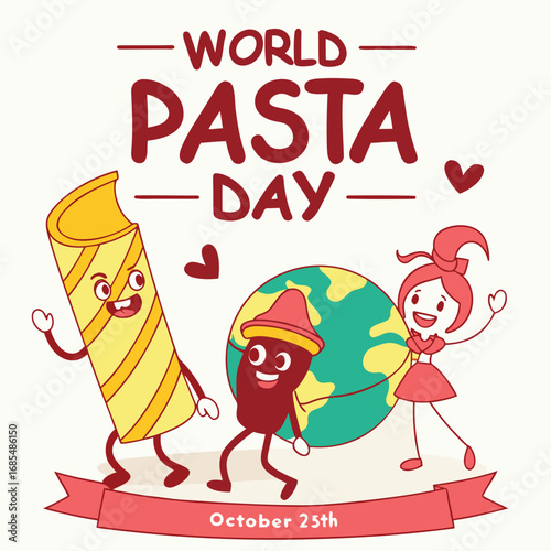 Celebrating World Pasta Day with cartoon pasta characters near Earth globe and ribbon banner