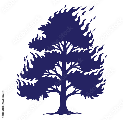 Stylized blue tree silhouette depicting growth strength and endurance against white background