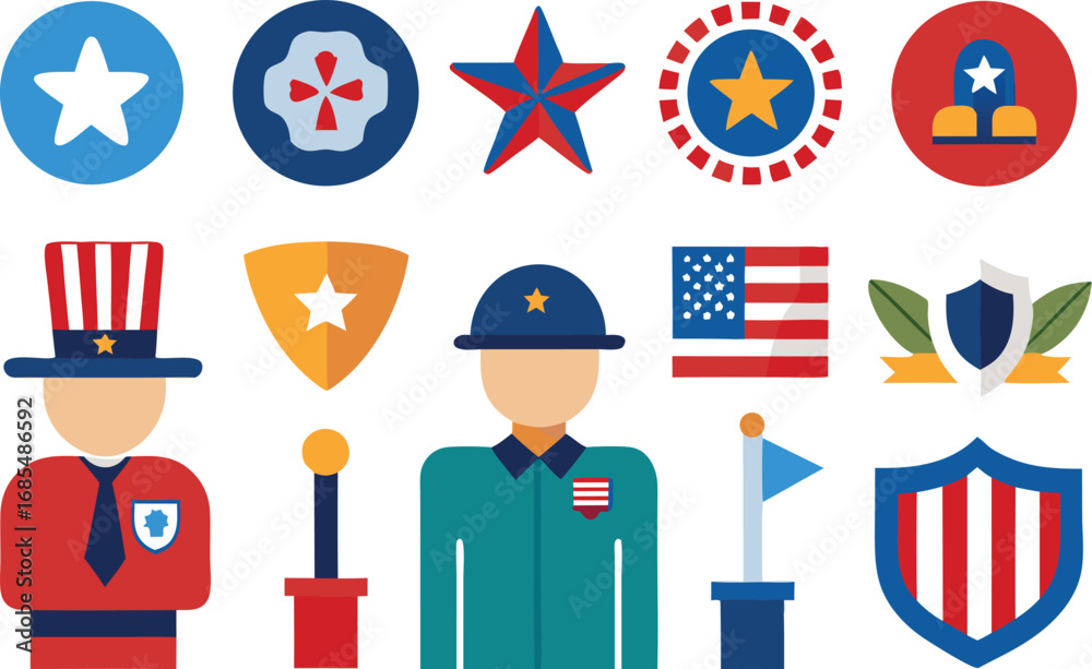 Fototapeta premium Memorial day icons collection featuring usa flags soldiers and patriotic symbols vector illustration
