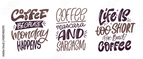 Trendy hand drawn doodle lettering quote about hot drinks - coffee, cocoa, green tea, matcha. Lettering for t-shirt design, mug print, bag print, clothes fashion. 100% hand drawn vector image.
