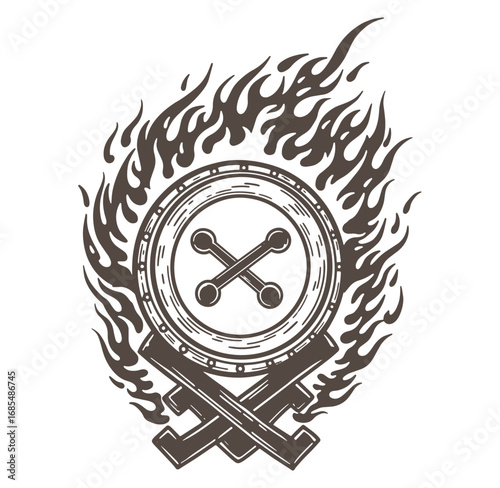 Symbolic medieval shield design surrounded by flames for heraldry and fantasy illustration