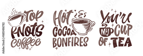 Trendy hand drawn doodle lettering quote about hot drinks - coffee, cocoa, green tea, matcha. Lettering for t-shirt design, mug print, bag print, clothes fashion. 100% hand drawn vector image.
