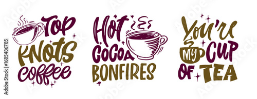 Trendy hand drawn doodle lettering quote about hot drinks - coffee, cocoa, green tea, matcha. Lettering for t-shirt design, mug print, bag print, clothes fashion. 100% hand drawn vector image.
