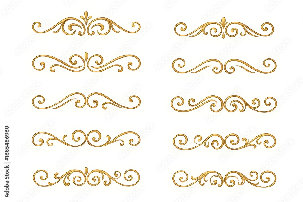 A set of twelve gold ornamental dividers featuring intricate swirl designs. Ideal for enhancing formal invitations, elegant cards, or any sophisticated decorative project. A set of twelve gold ornamental dividers featuring intricate swirl designs. Ideal for enhancing formal invitations, elegant cards, or any sophisticated decorative project.