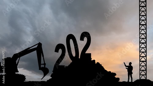 New year 2026 with silhouette construction site and worker staff team. 2D Animation. 4K. New Year concept 2025 to 2026 with clouds time lapse.