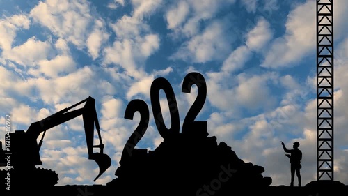 New year 2026 with silhouette construction site and worker staff team. 2D Animation. 4K. New Year concept 2025 to 2026 with clouds time lapse.