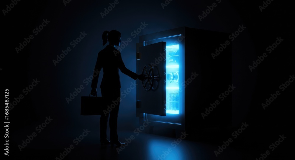 Fototapeta premium Businesswoman opening a glowing vault in a dark room.