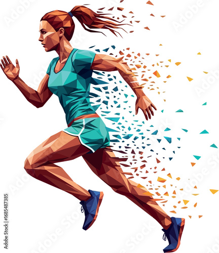Vector vector art of woman running with abstract colorful particles exploding from her body, transparent background