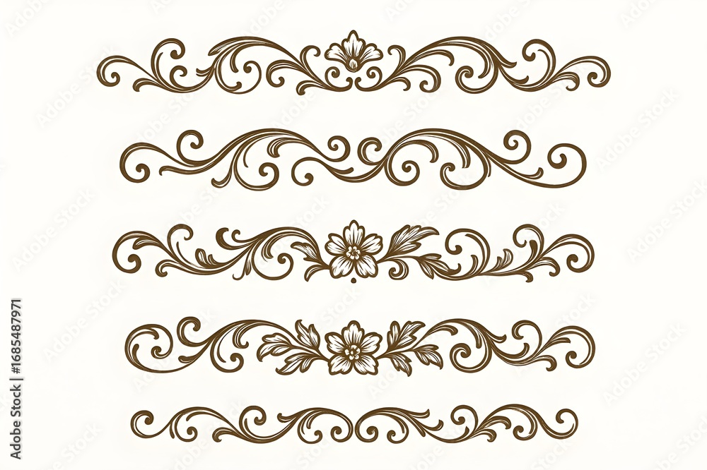 A set of four brown floral swirl dividers with intricate flower and leaf designs, perfect for invitations, stationery, and decorative projects needing an elegant touch. A set of four brown floral swirl dividers with intricate flower and leaf designs, perfect for invitations, stationery, and decorative projects needing an elegant touch.