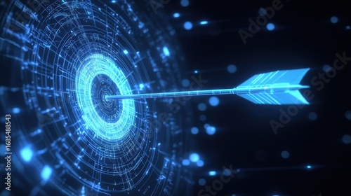 Digital arrow targeting a glowing concentric circle with bright light patterns in a futuristic setting