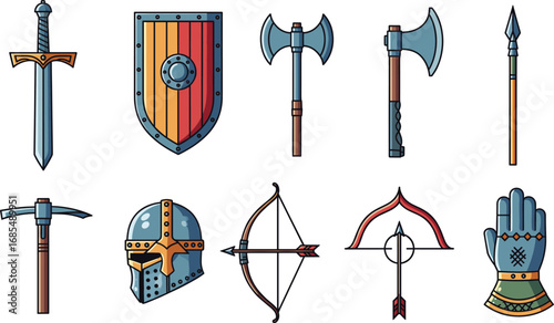 Medieval weapons and armor illustration with sword, shield, axe, spear, helmet, bow, crossbow, gauntlet icons for history and fantasy