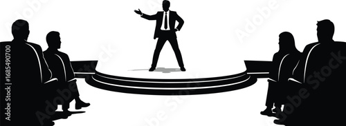 Silhouette of businessman giving presentation on stage, public speaking, leadership speech, conference seminar, business communication, audience listening illustration