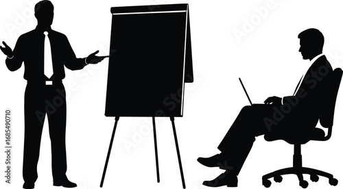 Silhouette of businessman giving presentation with flip chart, office worker sitting on chair using laptop, corporate meeting vector illustration