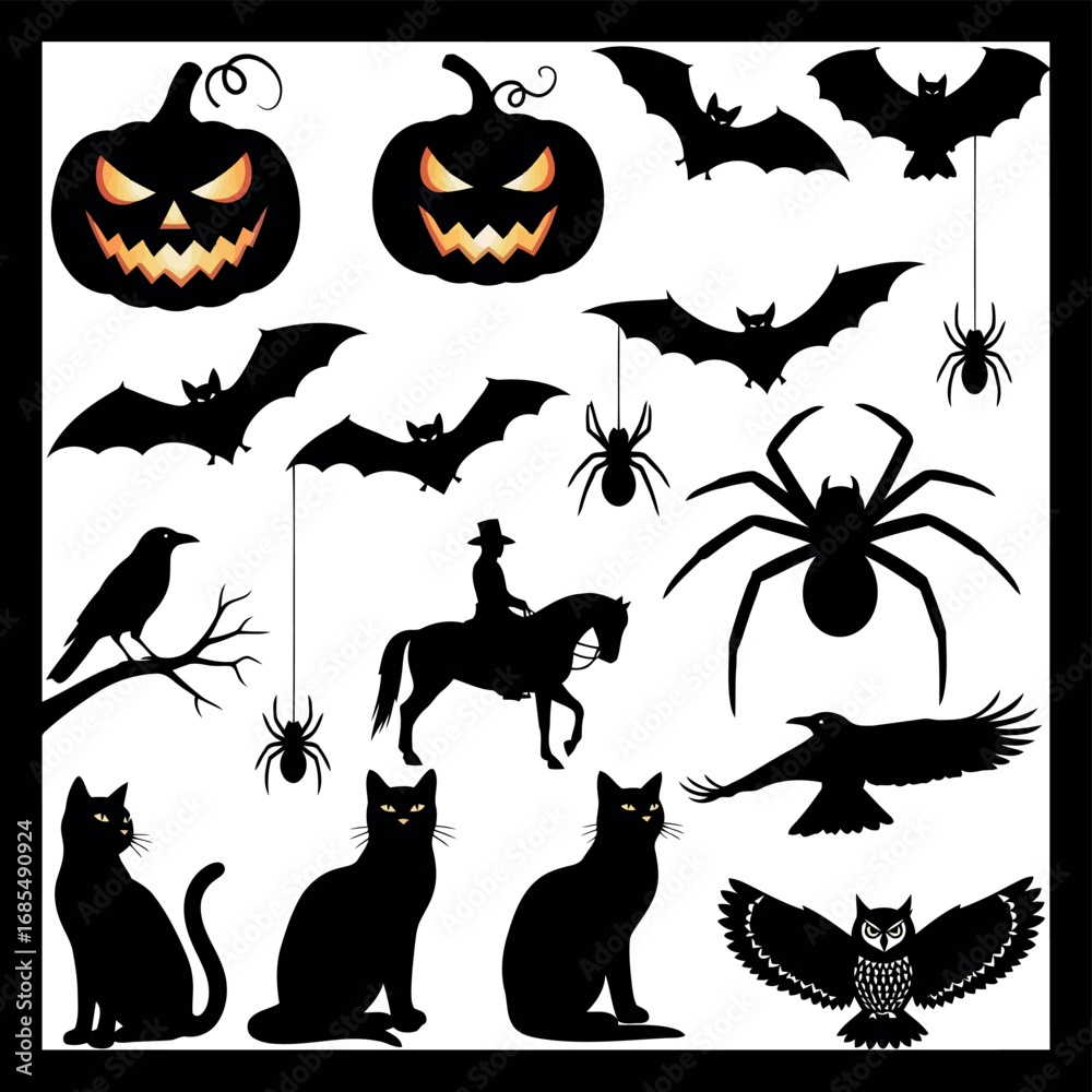 Fototapeta premium Vector vector art of collection of halloween symbols including pumpkins, bats, spiders, cats, owl, raven, and a horse rider transparent background