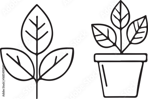 This image is a line art illustration featuring two plant icons. The first icon is a leafy stem with three leaves, and the second is a small plant growing in a pot.