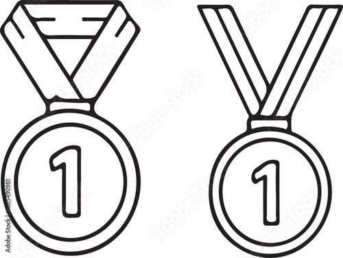 A simple, black-and-white line drawing of two first-place medals.