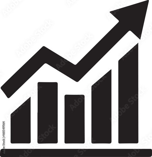 A simple, graphic image of a bar and line graph in solid black. steady increase, commonly used to represent growth, success, and business trends.