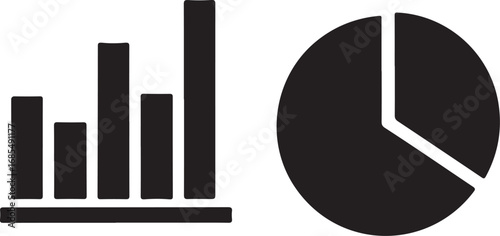 A simple, graphic image showing two types of charts side by side, The icons are solid black and are used to represent data, statistics, and business analytics.