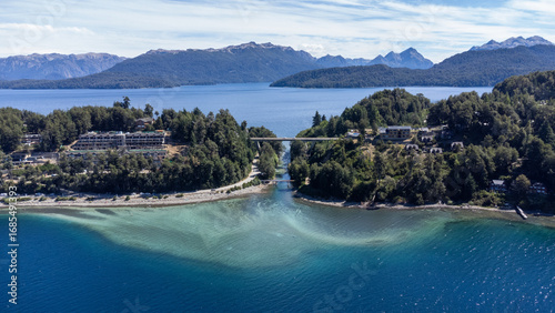 An aerial view of the Correntoso River, one of the world's shortest, flowing between two lakes near Villa La Angostura, Argentina. A unique Patagonian landmark