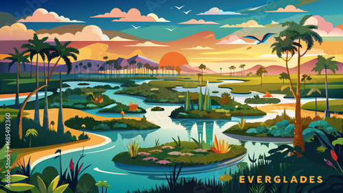 Everglades National Park in Florida, USA reveals vast wetlands, mangrove forests, and shimmering waterways, highlighting fragile ecosystems shaped by water, sky, and subtropical beauty.