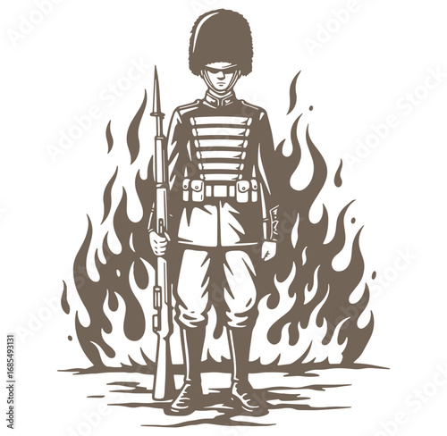 British guard standing with a rifle amidst flames representing courage and duty