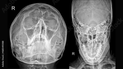Skull X-ray with PNS and Reverse Towne Views Showing Paranasal Sinuses and Facial Bone Structures