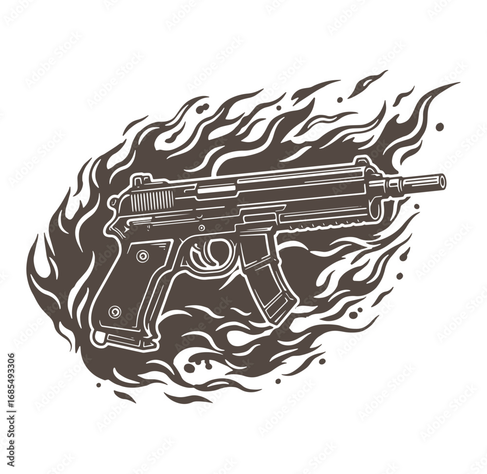 Burning pistol vector illustration depicting fire and weaponry for design projects Burning pistol vector illustration depicting fire and weaponry for design projects