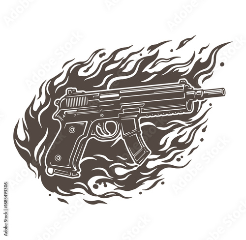 Burning pistol vector illustration depicting fire and weaponry for design projects