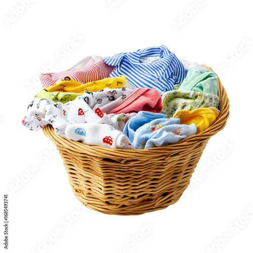 close up of baby clothes for newborn boy in basket Isolated transparent on white background