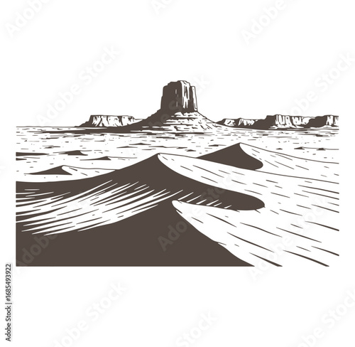 Desert landscape illustration depicting sand dunes and iconic western monument valley