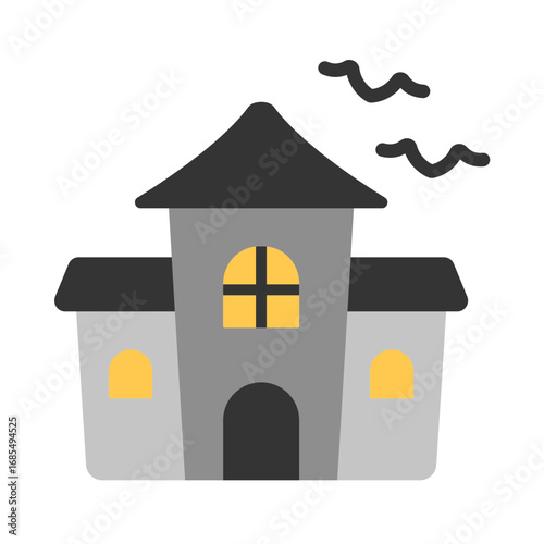 Flat haunted house with spooky windows and bold colors. Perfect for Halloween party graphics, eerie visuals, horror icons, and festive seasonal decor.