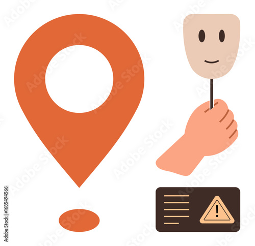 Large orange location marker, hand holding a smiling mask, and warning sign panel. Ideal for identity, deception, privacy, location tracking, caution cybersecurity and secret themes. Simple flat