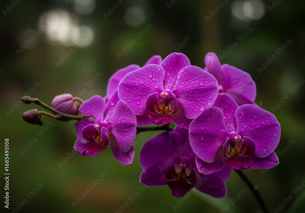 Obraz premium A vibrant cluster of purple orchids with water droplets adorns a stem with unopened buds, set against a soft, blurred green background.
