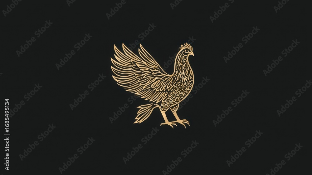 Fototapeta premium Golden illustration of a majestic bird spreading its wings against a black background with intricate feather details
