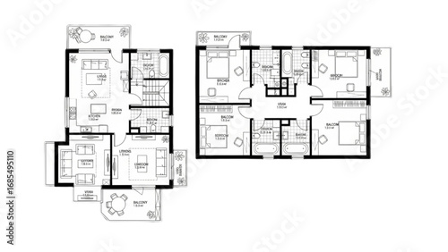 House Floor Plans Vector | CAD Drawing of Villa and Apartment Architectural Project