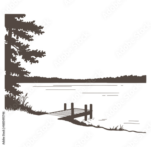 Silhouette illustration of a serene lake scene with a wooden dock and tree outline
