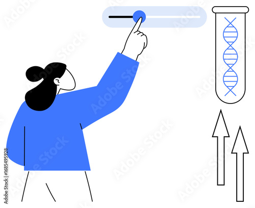 Person adjusting slider interacting with DNA strand in test tube and upward growth arrows. Ideal for biotech, genetics, research, innovation, science, progress, education. A simple flat metaphor