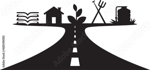 Rural Development Icons Road to Progress Education, Agriculture, and Housing Black