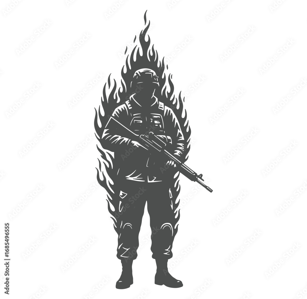 Fototapeta premium Silhouette of a soldier surrounded by flames representing courage and resilience