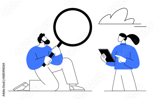 Man with magnifying glass and woman with tablet discussing insights. Ideal for research, teamwork, problem-solving, analysis, strategy, technology, creative exploration. Simple landing page