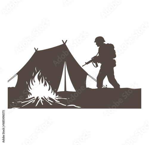 Silhouette of a soldier with a rifle near a campfire and tent isolated on white