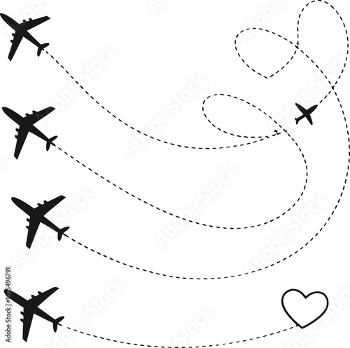 Minimalist Airplane Silhouettes – Vector Illustration with Dotted Flight Paths